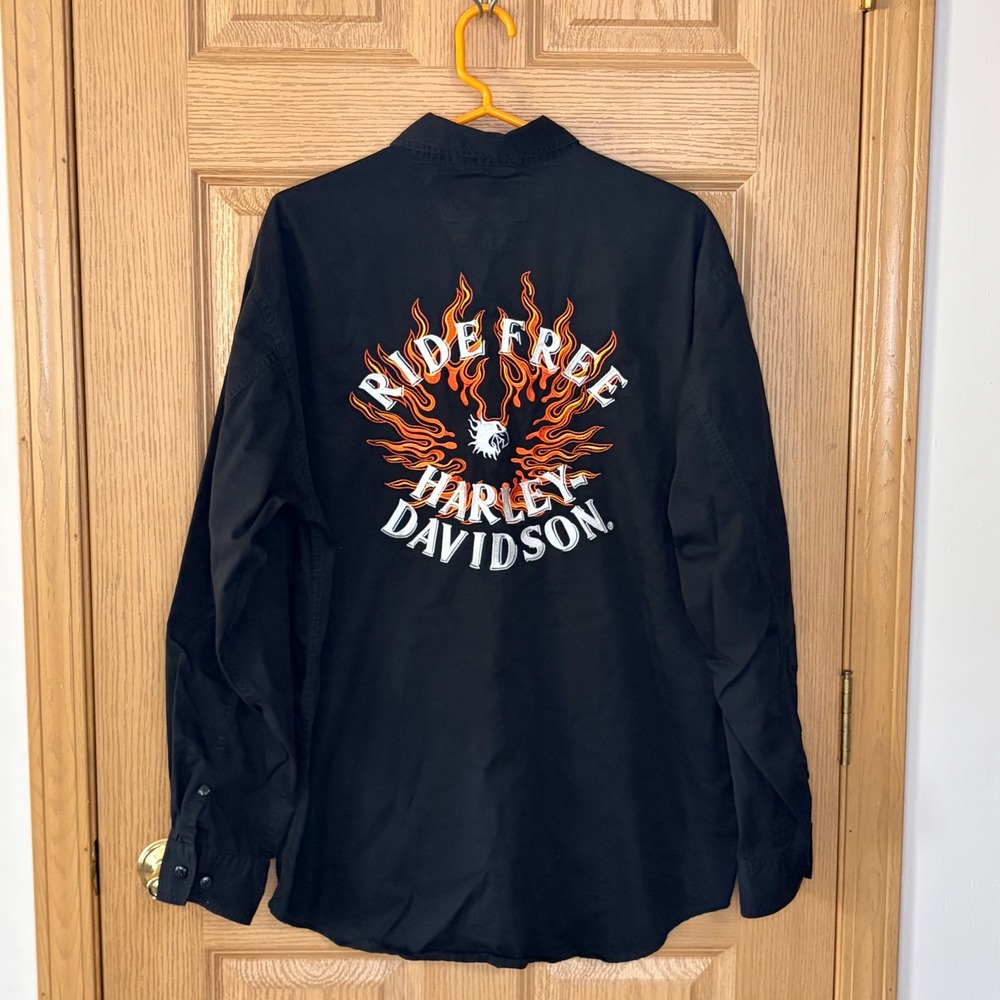 Harley-Davidson Ride Free Embroidered Flame Eagle Shirt Black Mens XL 2004 Y2K